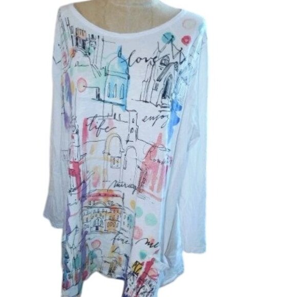 Jess & Jane Size XL Artsy Scoop neck 3/4 Sleeve Knit Blouse Top W/ pockets - Picture 2 of 2